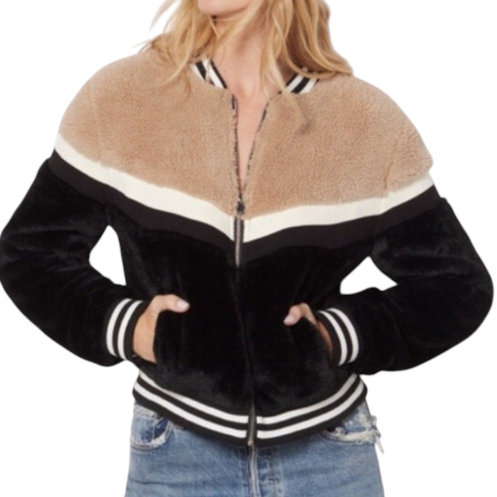 Evereve John + Jenn Veronica Bomber Jacket Womens XS Faux Fur Sherpa Varsity Zip